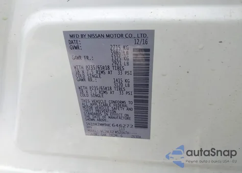 2017 Nissan Pathfinder Sv z USA, uszkodzony, nr VIN 5N1DR2MM9HC646272